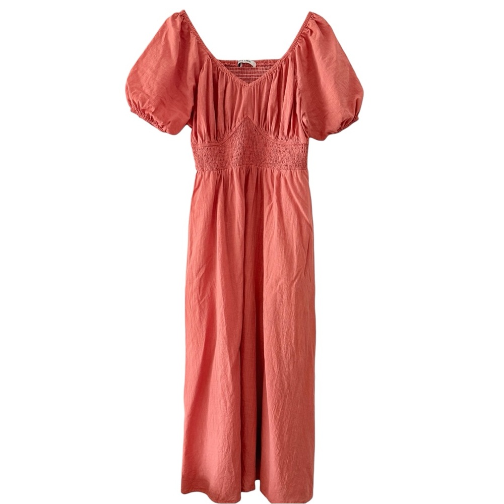 98% Cotton Coral Puff Sleeve Maxi Dress w Pockets Size Large